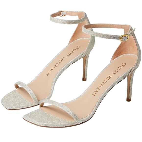 Stuart Weitzman Nudistcurve Heels 9 Platino Silver Sandal Wedding Bridal Glam - Picture 1 of 10
